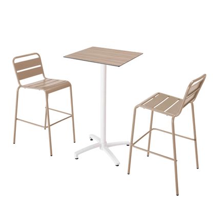 Oviala Set hoge tafel met licht eiken laminaat en 2 hoge stoelen in taupe