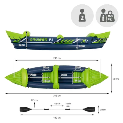 Kayak Gonflable Cruiser X1 ECD Germany, pour 2 Personnes, 318x80x55 cm, Vert/Blanc/Bleu 7