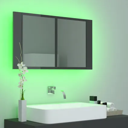 Maison du'monde - Badkamerkast met spiegel en LED 80x12x45 acryl hoogglans grijs 5