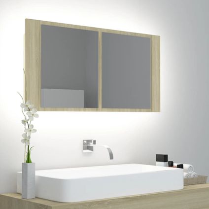 Maison du'monde - Badkamerkast met spiegel LED 90x12x45 acryl sonoma eikenkleurig