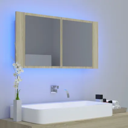 Maison du'monde - Badkamerkast met spiegel LED 90x12x45 acryl sonoma eikenkleurig 3