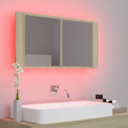 Maison du'monde - Badkamerkast met spiegel LED 90x12x45 acryl sonoma eikenkleurig 4