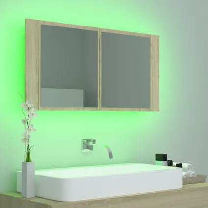 Maison du'monde - Badkamerkast met spiegel LED 90x12x45 acryl sonoma eikenkleurig 5