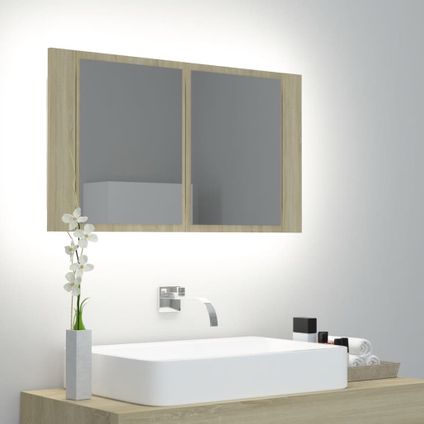 Maison du'monde - Badkamerkast met spiegel LED 80x12x45 acryl sonoma eikenkleurig