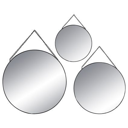 Lot de 3 Miroirs Ronds avec Chaîne de Suspension 20/24/29 cm - Noir