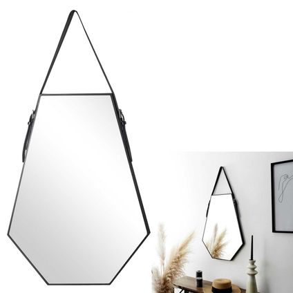 Miroir Forme Diamant Métal 66x49 cm avec Sangle de Suspension - Noir