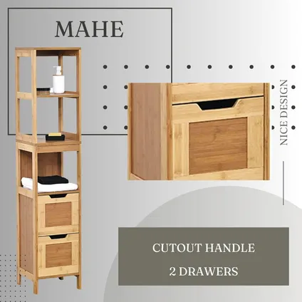 Meuble de salle de bain en bambou Mahe 2 tiroirs et 3 étagères 30x30x145 cm - Marron 6