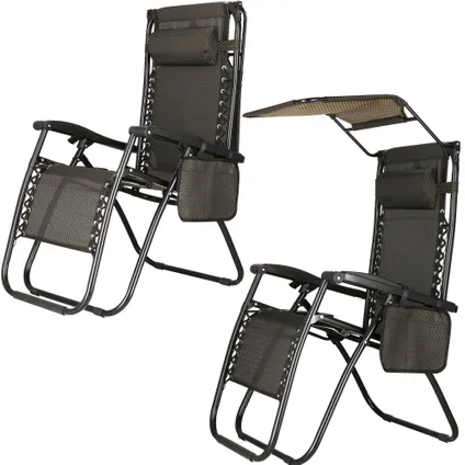 Springos Chaise de jardin |Transat |Pliable |Réglable |Avec repose-tête et auvent inclus |Noir 2