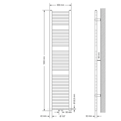 ECD Germany Sahara Handdoekdroger Radiator - 300 x 1800 mm - Chroom - Centrale Aansluiting 2