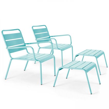 Oviala Set van 2 relaxfauteuils met metalen turquoise voetenbank