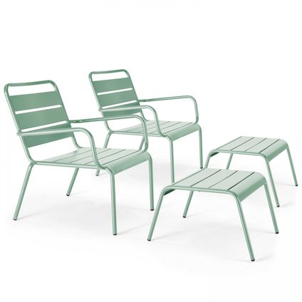 Oviala Set van 2 relaxfauteuils met metalen saliegroene voetenbank