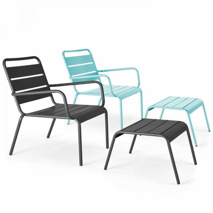 Lot 2 fauteuils relax avec repose-pieds métal Oviala Palavas gris et turquoise