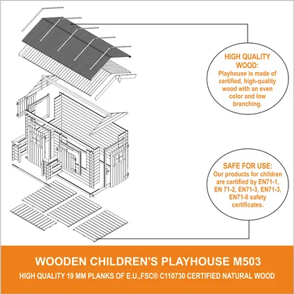 Maison en bois pour enfants - Timbela M503 - 2.63m2 - avec toit rouge, sol 5