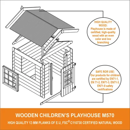 Maison en bois pour enfants SANS plancher - Timbela M570R-1 - Toit rouge - 1m2 / 114x111xH121cm 5