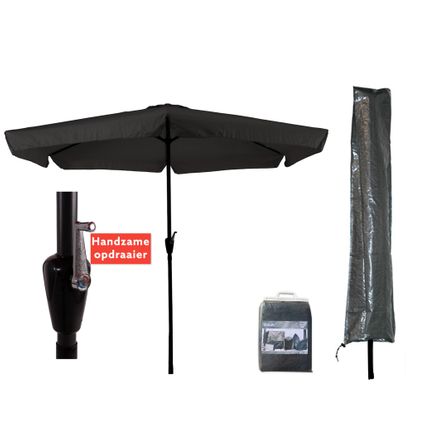 Parasol 3m antique black - CUHOC - avec pied de parasol à roulettes - et housse de parasol Basic