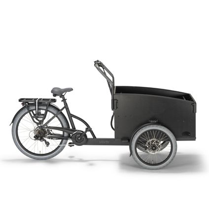 Vélo cargo électrique Villette Cargeau avec freins à disque à moteur arrière et capot noir/gris