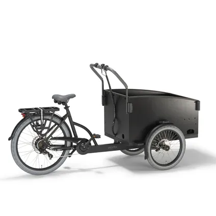 Vélo cargo électrique Villette Cargeau avec freins à disque à moteur arrière et capot noir/gris 4