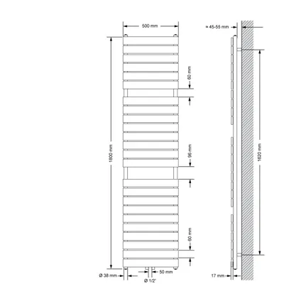 LuxeBath badkamer radiator Stoom 500x1800 mm, wit, middenaansluiting 50 mm, éénlaags, vlak 5