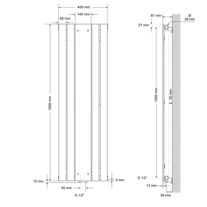 Radiateur LuxeBath Vertical en Acier, avec Miroir en Verre Véritable, 1600x450 mm, Noir Mat 6