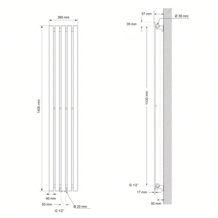 LuxeBath design radiator Stella 1400 x 260 mm, mat zwart, paneelradiator met centrale aansluiting 6