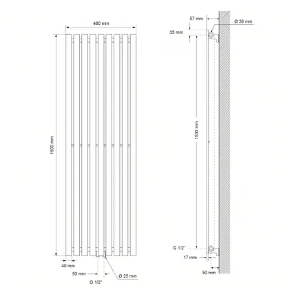 Radiateur LuxeBath design Stella 1600 x 480 mm Anthracite, radiateur à panneaux raccord central 5