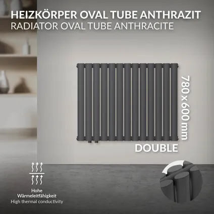 LuxeBath paneelradiator dubbellaags 600x780 mm, antraciet, horizontale radiator ovale buizen 3
