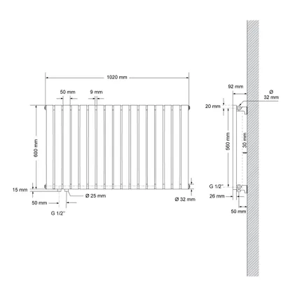 LuxeBath paneelradiator 600 x 1020 mm wit enkellaags, zijaansluiting 8
