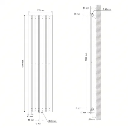 LuxeBath design radiator Stella 1800 x 370 mm, wit, paneelradiator met centrale aansluiting 5