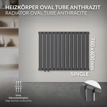 LuxeBath paneelradiator enkellaags 600x780 mm antraciet, horizontale radiator, ovale buizen 3
