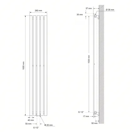 LuxeBath design radiator Stella 1600 x 260 mm antraciet, paneelradiator middenaansluiting, éénlaags 5