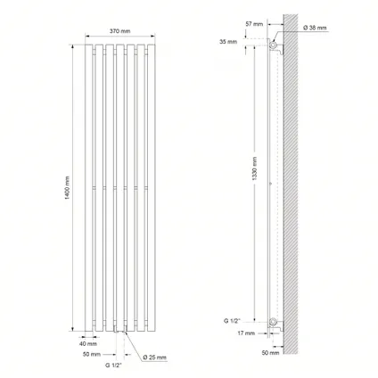 LuxeBath design radiator Stella 1400 x 370 mm, mat zwart, paneelradiator met centrale aansluiting 6