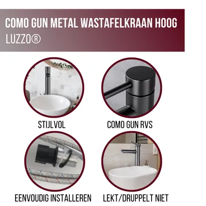 Luzzo® Como Gun Metal Hoog - RVS Wastafelkraan Hoog - Zilvergrijs 4