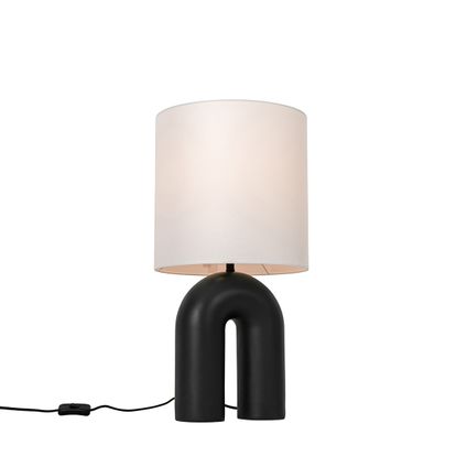 QAZQA Lampe de table design noire avec abat-jour en lin blanc - Lotti