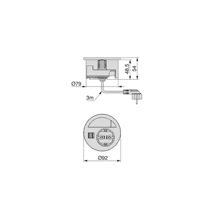 Emuca Multiconnector Circle 80, diameter 80mm, 1 x Schuko plug, 1 x USB Type A, 1 x USB Type C 3