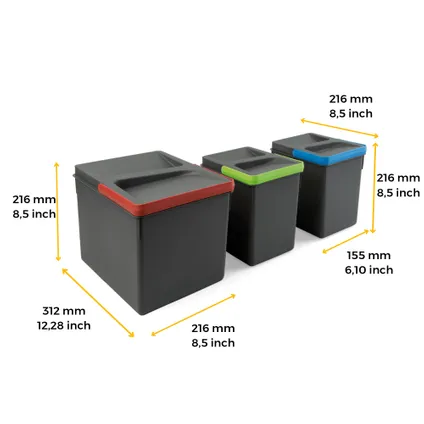 Emuca Kit van Recycle keukenlade prullenbak kit Recycle hoogte 216mm, 1x12liter, 2x6liter 4
