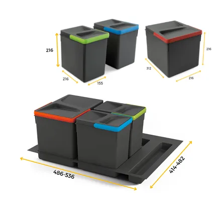 Emuca Kit van Recycle prullenbak kit voor keukenlade met Recycle bodemhoogte 216mm, 1x12liter, 2x6L 4