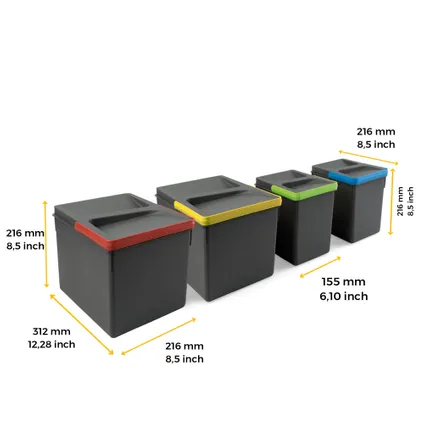 Kit de bacs de tri sélectif pour tiroirs de cuisine hauteur 216mm Emuca, 2x12litres, 2x6litres 4
