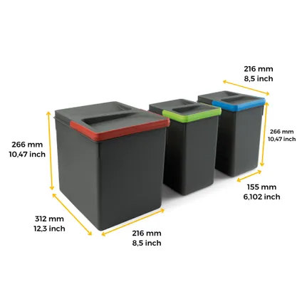 Emuca Kit van Recycle keukenlade prullenbak kit Recycle hoogte 266mm, 1x15liter, 2x7liter, Plastic 4