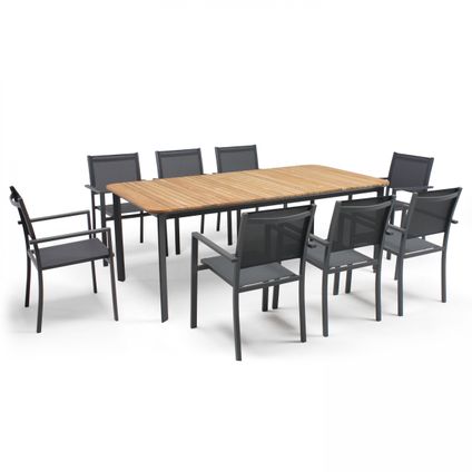 Oviala Tuintafel van aluminium/teak en 8 stoelen