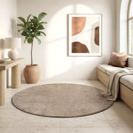 Uni Effen Rond Vloerkleed Laagpolig Beige - 240 Cm Ø 8