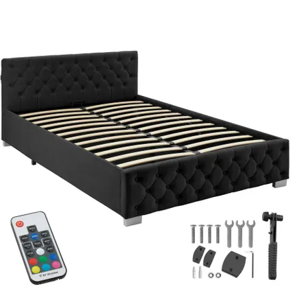 Tectake Gestoffeerd Bed Met Led-strips & Opbergruimte, 140 X 200 Cm, Fluweellook Zwart