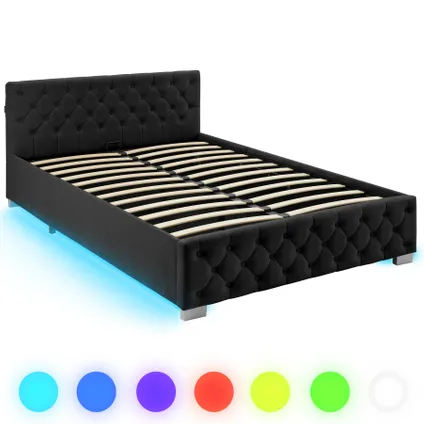 Tectake Gestoffeerd Bed Met Led-strips & Opbergruimte, 140 X 200 Cm, Fluweellook Zwart 2
