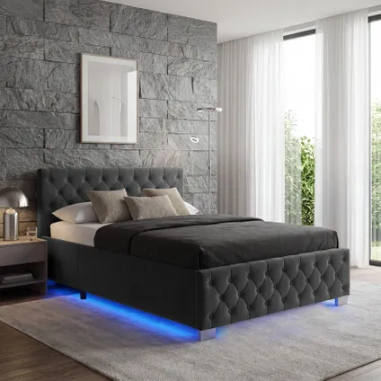 Tectake Gestoffeerd Bed Met Led-strips & Opbergruimte, 140 X 200 Cm, Fluweellook Zwart 8