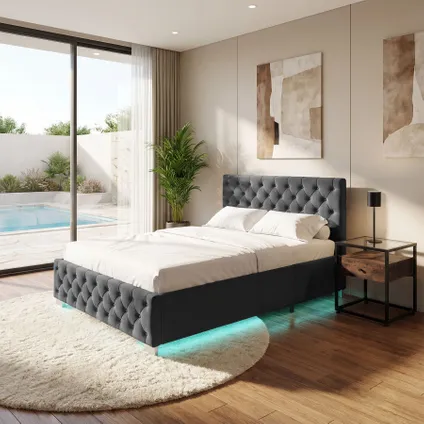 Tectake Gestoffeerd Bed Met Led-strips & Opbergruimte, 140 X 200 Cm, Fluweellook Zwart 10