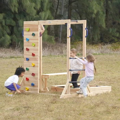 Aire De Jeux Axi Dex En Bois - Avec Mur D'escalade, Bac À Sable Et Barres De Singe. 3