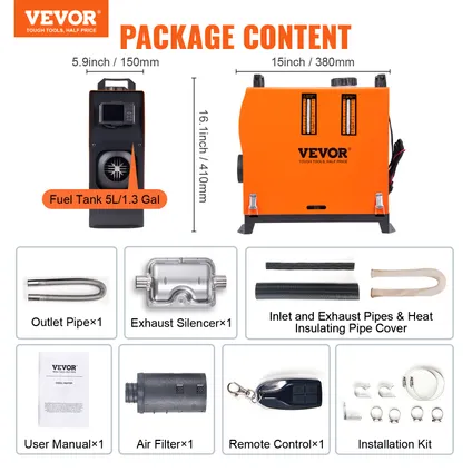 Chauffage Diesel Portable (chauffage Stationnement) Vevor 12v 8kw, 0,16-0,62l/h, 8-36°c, Lcd/bluetooth, Réservoir 5l 7