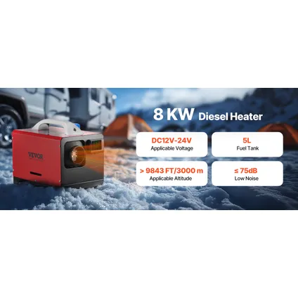 Vevor Parkeerverwarming (dieselkachel) 8kw 12-24v 0.18-0.36l/u, 0-40°c, Afstandsbediening, Zwart Lcd 9