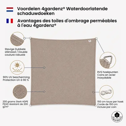 4gardenz Schaduwdoek Waterdoorlatend Vierkant 2x2 Mtr - Taupe 8
