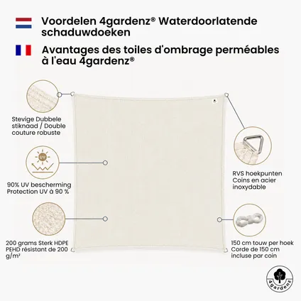 4gardenz Schaduwdoek Waterdoorlatend Vierkant 2x2 Mtr - Crème 3