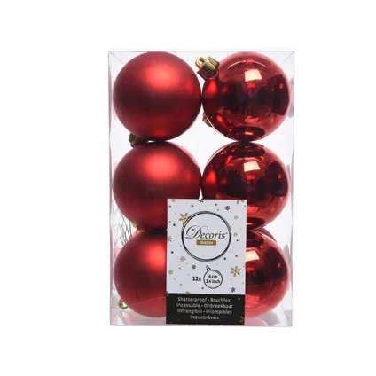 Boules de Noël Decoris plastique rouge Ø6cm 12pcs